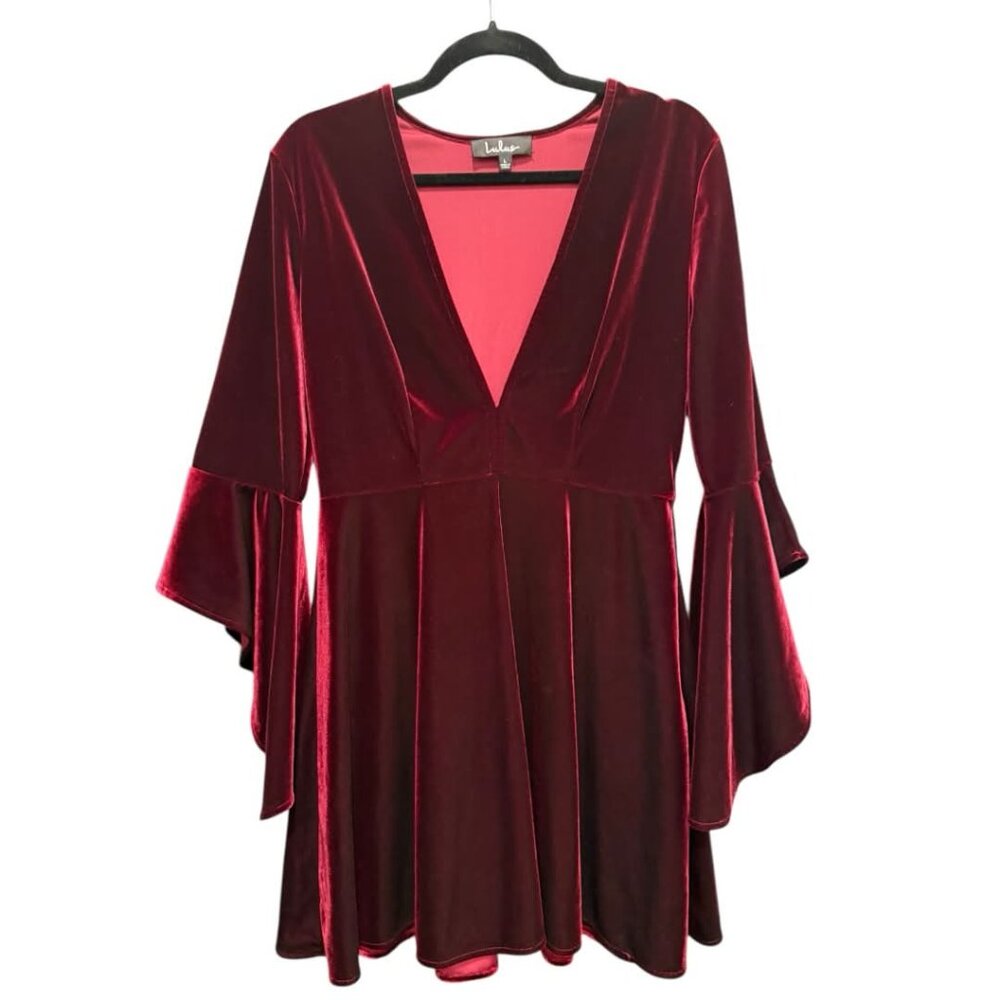 Lulus Wrapped in Luxe Burgundy Velvet Bell Sleeve Skater Dress - Picture 4 of 7